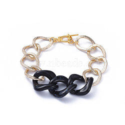 Chain Bracelets, with Aluminum Curb Chains, Acrylic Linking Rings and Alloy Toggle Clasps, Light Gold, Black, 7-5/8 inch(19.5cm)(BJEW-JB05176-01)