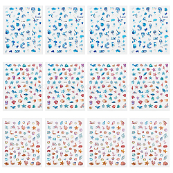 Olycraft 12 Sheets 3 Style Waterproof Ocean Theme PET Nail Art Stickers, Self-adhesive, for DIY Nail Decals Design Manicure Decor, Mixed Color, 133x83x0.5mm, 4sheets/style(STIC-OC0001-05)