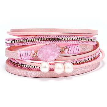 PU Leather Multi-strand Bracelets, with Acrylic Pearl Beads, Wax Polyester Cords and Alloy Findings, Pink, 15 inch(38cm), 15mm