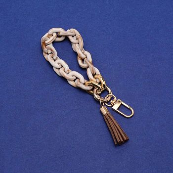 Acrylic Wristlet Bracelet Keychain, with Metal Findings, Key Ring Lanyard, with Tassel & Cross Chain, Golden, 23.2cm