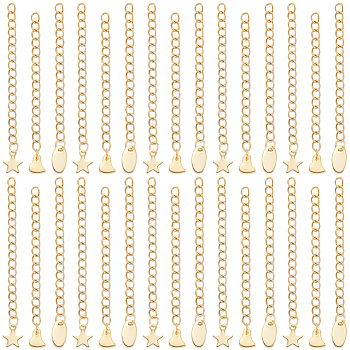 30Pcs 3 Styles 304 Stainless Steel Chain Extender, Curb Chain, with Charms,  Star & Heart & Oval, Golden, 58~68mm, Link: 4x3x0.5mm, 10pcs/style