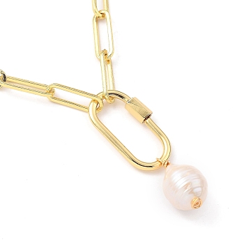 Natural Cultured Freshwater Pearl Pendant Necklaces, with Brass Paperclip Chains and Oval Screw Carabiner Lock Charms, Golden, 18.50 inch(47cm)