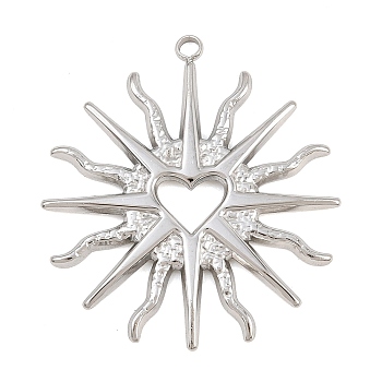 304 Stainless Steel Pendants, Sun with Heart Charms, Stainless Steel Color, 33x30x2mm, Hole: 1.81mm