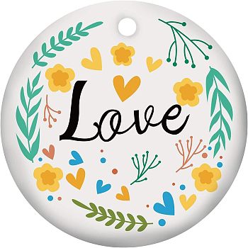 Handmade Porcelain Pendants, Flat Round with Word Love, Yellow Green, 75x2mm