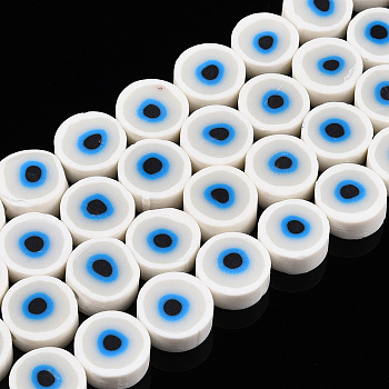Handmade Polymer Clay Beads Strands, Flat Round with Evil Eye, White, 8~11x4mm, Hole: 1.2mm, about 40pcs/strand, 13.98 inch~ 15.35inch(35.5cm~39cm)