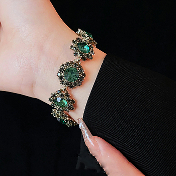 Alloy Rhinestone Flower Link Bracelets for Women, Emerald, 200mm