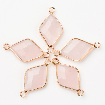 Natural Rose Quartz Links, with Light Golden Plated Edge Brass Loops, Rhombus, Faceteded, 30x15.5x4.5mm, Hole: 2mm
