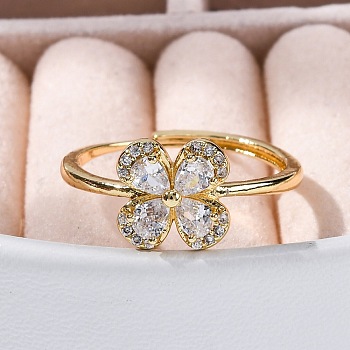 Rack Plating Brass Micro Pave Cubic Zirconia AdjustableFinger Rings for Women, Long-Lasting Plated, Clover, Clear, Inner Diameter: 18mm, Flower: 10x10mm.