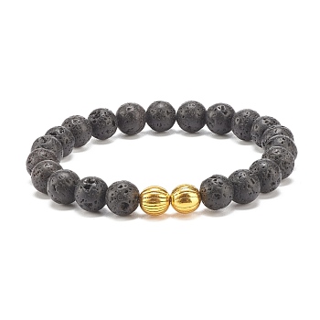 Natural Lava Rock Round Beaded Stretch Bracelet with Alloy, Essential Oil Gemstone Jewelry for Women, Inner Diameter: 2-1/8 inch(5.3cm)