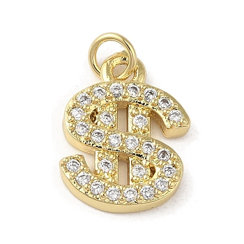 Rack Plating Brass Micro Pave Cubic Zirconia Charms, Dollar, Long-Lasting Plated, Cadmium Free & Lead Free, with Jump Ring, Real 18K Gold Plated, 13.5x10x2mm, Hole: 2mm
