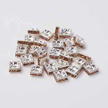 Brass Rhinestone Spacer Beads, Grade A, Silver Color Plated, Square, Light Colorado Topaz, 6x6x3mm, Hole: 1mm