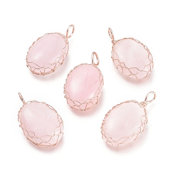 Natural Rose Quartz Pendants, Wire Wrapped Pendants, with Rose Gold Plated Brass Wire, Oval, 42.5x23x10mm, Hole: 5x7mm