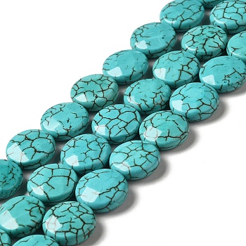 Natural Howlite Beads Strands, Dyed, Faceted, Flat Round, Dark Turquoise, 15.5x6mm, Hole: 1.2mm, about 26pcs/strand, 15.59 inch(39.6cm)