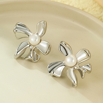 304 Stainless Steel Stud Earrings, with Shell Beads, Flower, Stainless Steel Color, 27.5x25.5mm