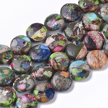 Synthetic Imperial Jasper Beads Strands, Dyed, Flat Round, Colorful, 12x5mm, Hole: 1mm, about 33~35pcs/strand, 15.74 inch(40cm)