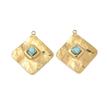 304 Stainless Steel Pendants, with Dyed Synthetic Turquoise, Rhombus Charms, Real 14K Gold Plated, 24.5x22x5mm, Hole: 1.2mm