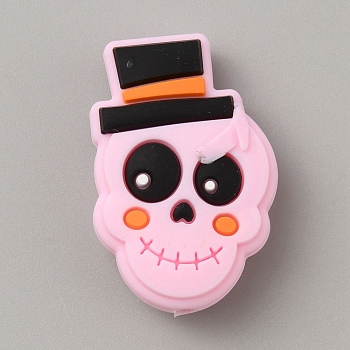 Halloween Skull Food Grade Eco-Friendly Silicone Beads, Pearl Pink, 30x19.5x9.5mm, Hole: 2mm