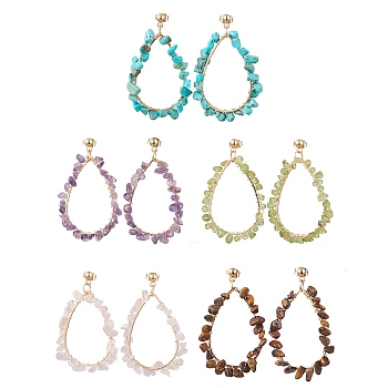 Teardrop Natural Gemstones Dangle Studs Earrings, Golden Copper Wire Wrap Jewelry for Women, Golden, 50x31~32mm