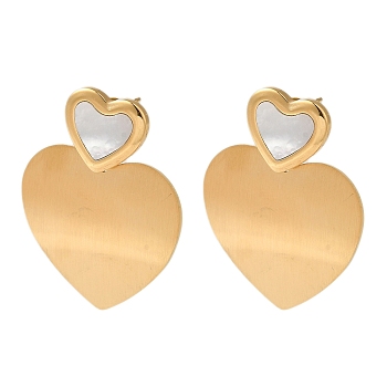 Titanium Steel Stud Earrings for Women, with Shell, Heart, Real 18K Gold Plated, 37.5x30mm