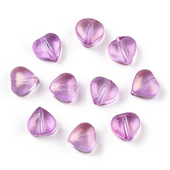 Transparent Spray Painted Glass Beads, with Glitter Powder, Heart, Orchid, 6x6x4mm, Hole: 0.7mm