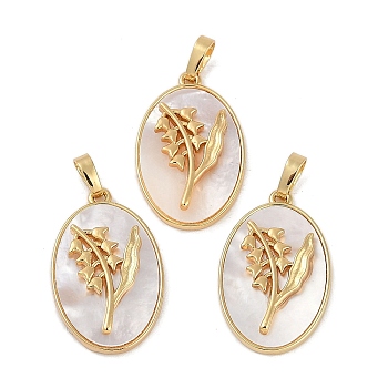 Rack Plating Brass Pave Shell Oval Pendants, Birth Flower Charms, Real 18K Gold Plated, Long-Lasting Plated, Lead Free & Cadmium Free, Seashell Color, 25.5x16x4.5~5.5mm, Hole: 5.5x3mm