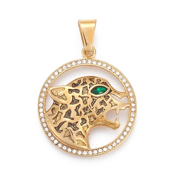 304 Stainless Steel Pendants, with Rhinestone and Resin, Ring with Leopard, Golden, 43x37x7mm, Hole: 6.5x11.5mm