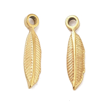 304 Stainless Steel Pendants, Feather Charm, Golden, 15.5x4x2mm, Hole: 1.6mm