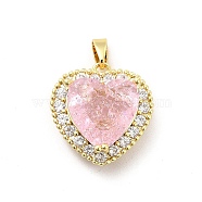 Brass Micro Pave Clear Cubic Zirconia Pendants, with Faceted Glass, Heart Charm, Real 18K Gold Plated, Pink, 18.5x17x9.5mm, Hole: 5x3mm(KK-I695-001G-02)