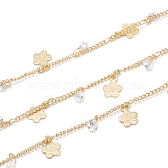 3.28 Feet Handmade Brass Curb Chains, with Brass & Cubic Zirconia Charms, Soldered, Long-Lasting Plated, Flower with Diamond, Real 18K Gold Plated, 2x1.5x0.3mm(X-CHC-I027-07G)
