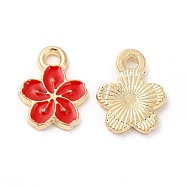 Alloy Enamel Charms, Cadmium Free & Nickel Free & Lead Free, Golden, Flower Charm, Red, 12x9x1.5mm, Hole: 1.6mm(ENAM-C005-34G-04)