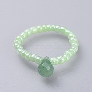 Natural Green Aventurine Stretch Finger Rings, with Glass Seed Beads, Teardrop, Size 8, 18mm(RJEW-JR00278-02)