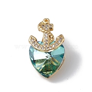 Real 18K Gold Plated Rack Plating Brass Micro Pave Clear Cubic Zirconia Pendants, with Glass, Long-Lasting Plated, Cadmium Free & Lead Free, Boat Anchor & Heart Charm, Dark Turquoise, 20x12x9mm, Hole: 6x2.5mm(KK-C015-07G-16)