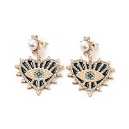 Crystal Rhinestone Heart with Evil Eye Dangle Stud Earrings with Enamel, Light Gold Plated Alloy Long Drop Earrings for Women, Black, 57mm, Pin: 0.8mm(EJEW-J045-05C-KCG)