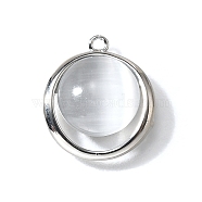 Brass Pendants, Flat Round, with Cat Eye, Platinum, 15.5x13.5x4mm, Hole: 1mm(KK-Q035-03P)