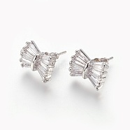 Cubic Zirconia Stud Earrings, with Brass Findings, Bowknot, Clear, Platinum, 10.5x13.5x3.5mm, Pin: 0.8mm(EJEW-P167-08P)