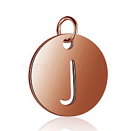 304 Stainless Steel Charms, Flat Round with Letter, Rose Gold, Letter.J, 12x1mm, Hole: 2.5mm(STAS-S105-T514R-J)