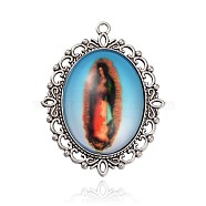 Antique Silver Plated Alloy Glass Human Photo Pendants, Oval Big Pendants, Colorful, 61x48x9mm, Hole: 3mm(PALLOY-J530-11AS)