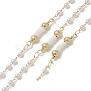 Rack Plating Brass Beaded Link Chains, with Plastic Pearl Beaded, Unwelded, with Card Paper, Golden, 21.5~23.5x4mm(CHC-C026-11)