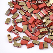 Electroplate Opaque Glass Seed Beads, 2-Hole, Rectangle, Red, 4.5~5.5x2x2~2.5mm, Hole: 0.5~0.8mm(SEED-S023-18B-02C)