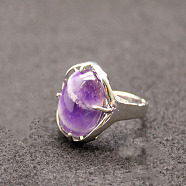 Oval Natural Amethyst Adjustable Ring, Platinum Alloy Jewelry for Women, Inner Diameter: 18mm(FIND-PW0021-05U)
