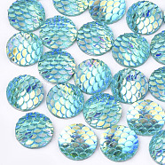 Resin Cabochons, AB-Color, Flat Round with Mermaid Fish Scale, Dark Turquoise, 12x3mm(X-CRES-Q207-12mm-02)