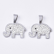 201 Stainless Steel Pendants, with Random Size Snap On Bails and Polymer Clay Rhinestones, Elephant, Stainless Steel Color, 20x26x2.5mm, Hole: 8~10x3~5mm(STAS-N089-16P)