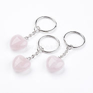 Natural Rose Quartz Keychain, with Platinum Iron Findings, Heart, 72mm(KEYC-F019-02J)