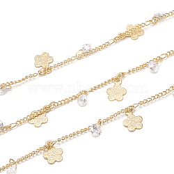3.28 Feet Handmade Brass Curb Chains, with Brass & Cubic Zirconia Charms, Soldered, Long-Lasting Plated, Flower with Diamond, Real 18K Gold Plated, 2x1.5x0.3mm(X-CHC-I027-07G)