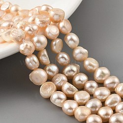 Natural Cultured Freshwater Pearl Beads Strands, Two Sides Polished, Light Salmon, 7~8mm, Hole: 0.5mm, about 25pcs/strand, 6.89''(17.5cm)(PEAR-A006-08B)