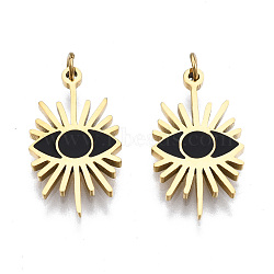 316 Surgical Stainless Steel Enamel Pendants, with Jump Rings, Real 14K Gold Plated, Evil Eye, Black, 16.5x9x1mm, Jump Ring: 2.7x0.4mm, 1.9mm inner diameter(STAS-S116-331A-G)