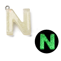 Luminous Resin Pendants, Glow in the Dark, with Platinum Plated Loop, Letter, Letter N, 24x18x5.5mm, Hole: 1.8mm(RESI-I059-N02)