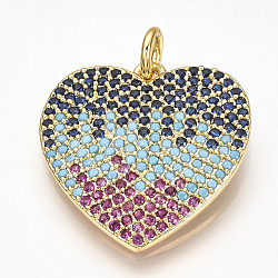 Brass Micro Pave Cubic Zirconia Pendants, with Jump Rings, Heart, Colorful, Golden, 22.5x21.5x2mm, Hole: 3mm(ZIRC-T004-02G)