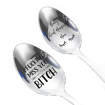 Stainless Steel Spoon, with Black Word, Stainless Steel Color, Word, 196x32mm, 2pcs/set