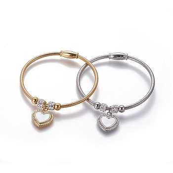 304 Stainless Steel Charms Bangles, with Polymer Clay Rhinestone, Shell and Magnetic Clasps, Heart, Mixed Color, 2-1/4 inchx2 inch(5.67x5.25cm)